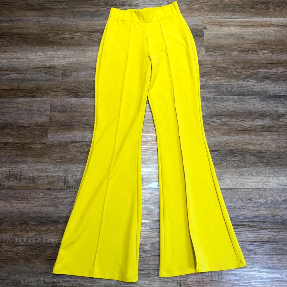 CRECE Flared Pants Womens Small Yellow High Waisted Pull On Flat Front Casual